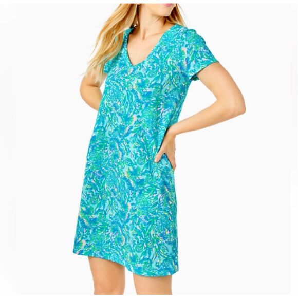 Lilly Pulitzer ETTA FLORAL PIMA COTTON SHIFT MINIDRESS IN SURF BLUE CORAL OF THE - Picture 1 of 5